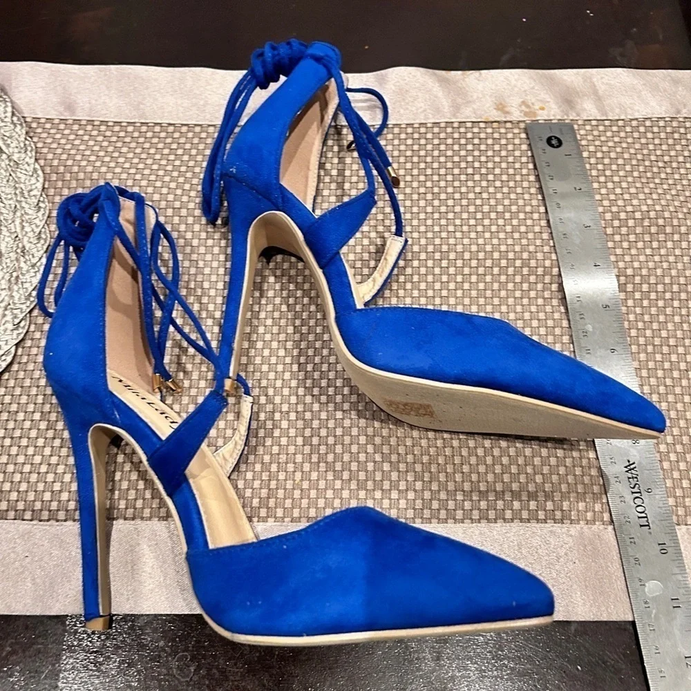Blue suede like pointed toe stiletto pumps, tie up ankle straps, NWT sz 9